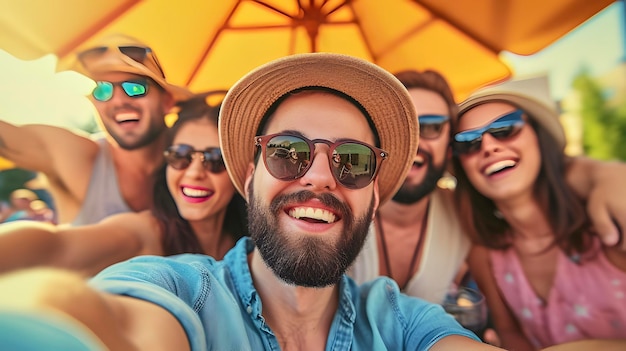 Grupo de amigos tirando uma foto de selfie jovens rindo se divertindo