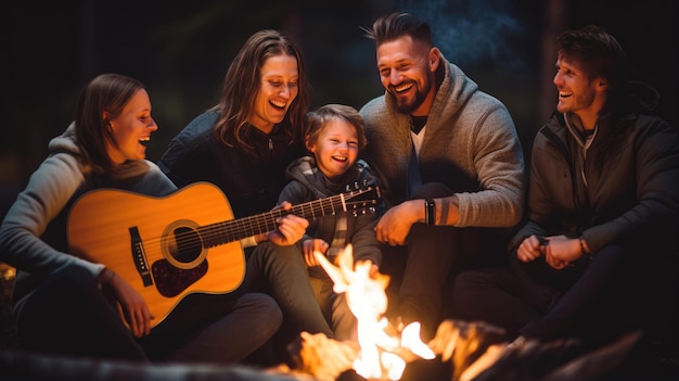 Foto grupo de amigos toca violão e relaxa ao redor de uma fogueira ao ar livre