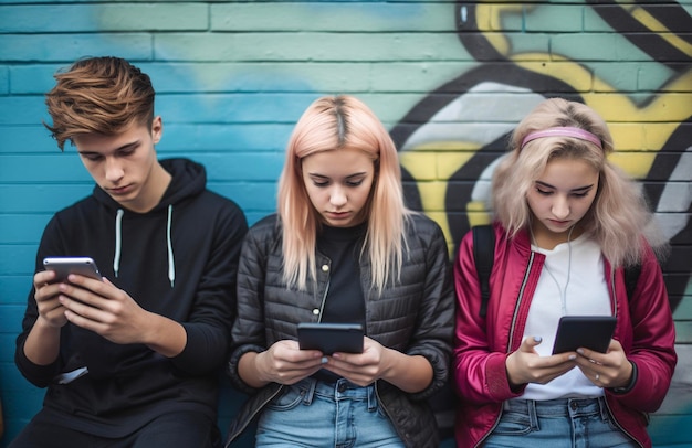 Grupo de amigos usando aplicativos de telefones celulares inteligentes Adolescentes viciados em novas tecnologias