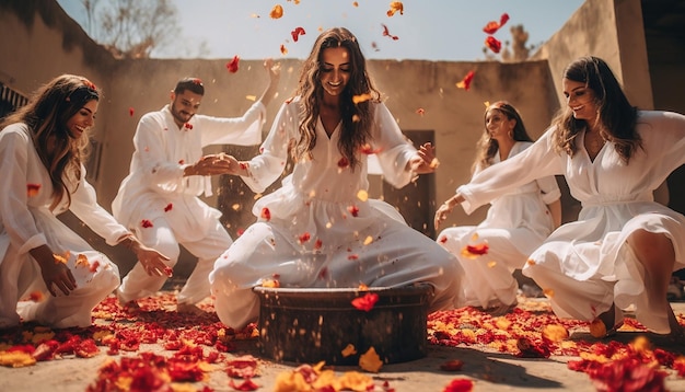 grupo de amigos vestidos com roupas brancas tradicionais