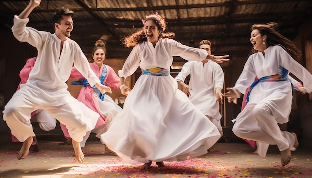 grupo de amigos vestidos com roupas brancas tradicionais