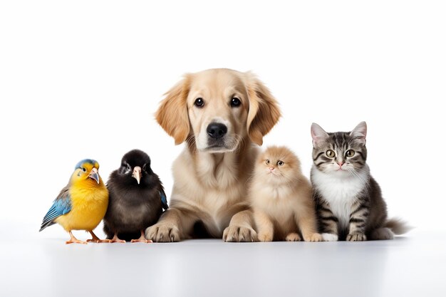 grupo de animais de estimação cão gato pássaro coelho