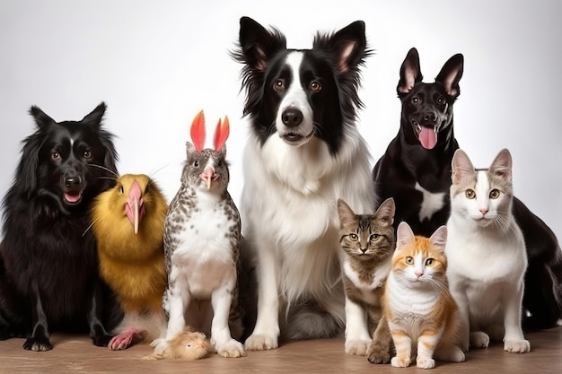 Grupo de animais de estimação com cachorro Border Collie