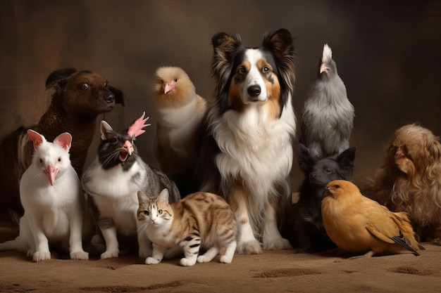 Grupo de animais de estimação com cachorro Border Collie