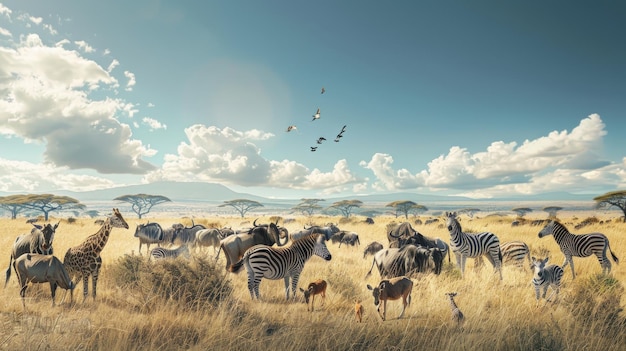 Grupo de animais de safári africanos em pé juntos na pradaria da savana imagem gerada pela IA