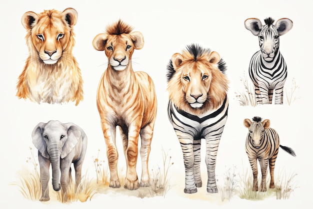 Grupo de animais de safári africanos juntos e animal selvagem de safári bonito com girafa leão elefante leão zebra tigre