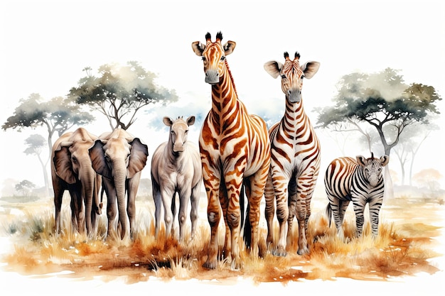 Grupo de animais de safári africanos juntos e animal selvagem de safári bonito com girafa leão elefante leão zebra tigre