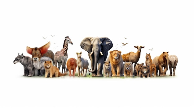 Foto grupo de animais isolado fundo conceito de conservação animal