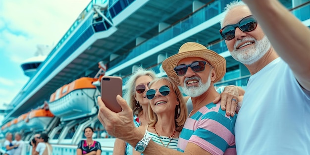 Grupo de aposentados sorridente fazendo uma selfie