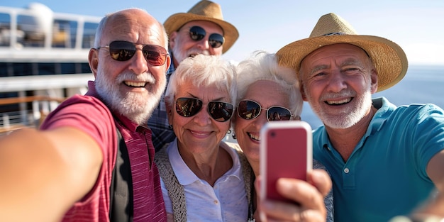 Grupo de aposentados sorridente fazendo uma selfie