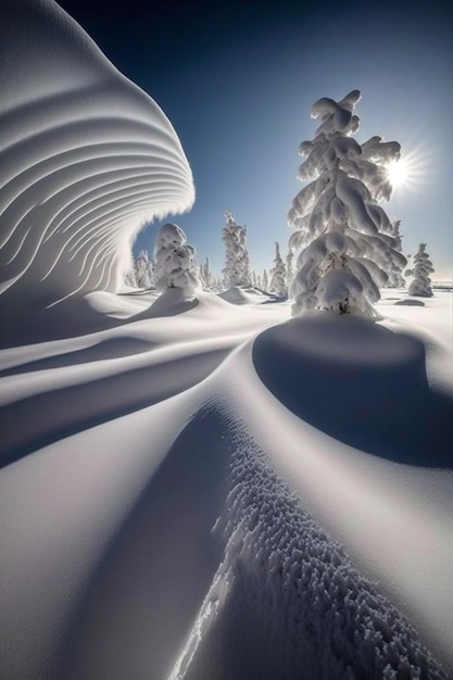 Grupo de árvores cobertas de neve sentadas em cima de uma encosta coberta de neve generativa ai