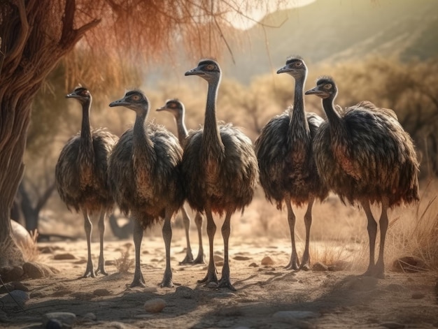 Grupo de avestruzes em IA geradora de habitat natural