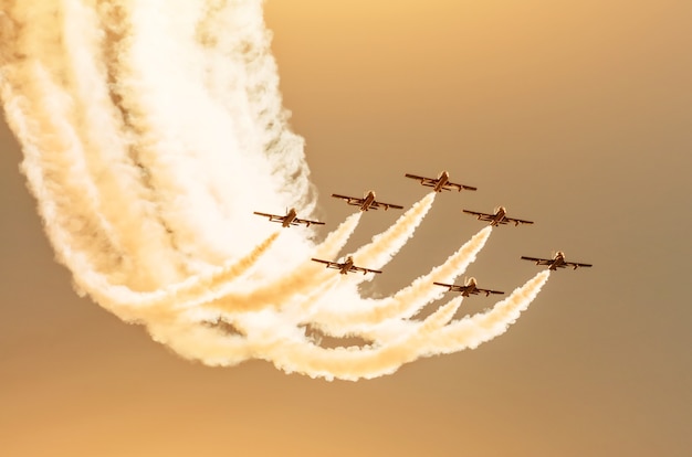 Grupo de avião a jato de caça branco com um traço de fumaça branca contra um céu azul.