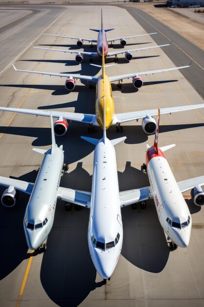Foto grupo de aviões estacionados na pista de pouso visto de um ângulo alto
