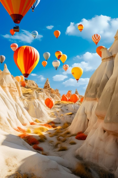 Foto grupo de balões de ar quente voando sobre a paisagem do deserto ia generativa