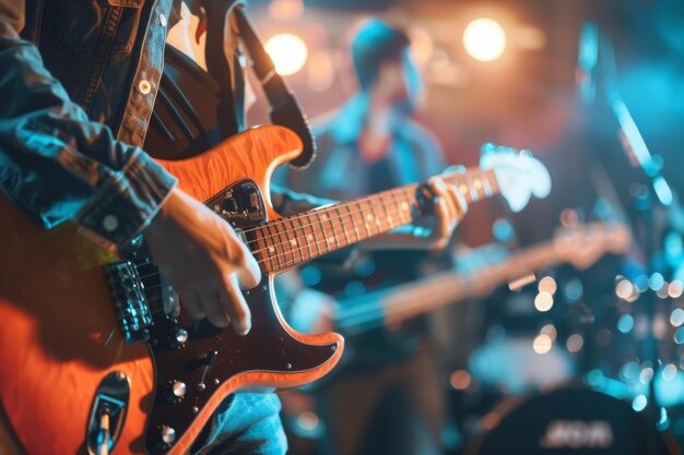 Grupo de banda de música se apresenta em um palco de concerto Guitarrista no palco para o conceito de fundo suave e desfocado