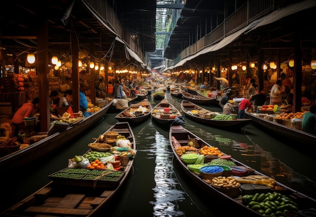 Grupo de barcos flutuando por um rio cheio de comida.