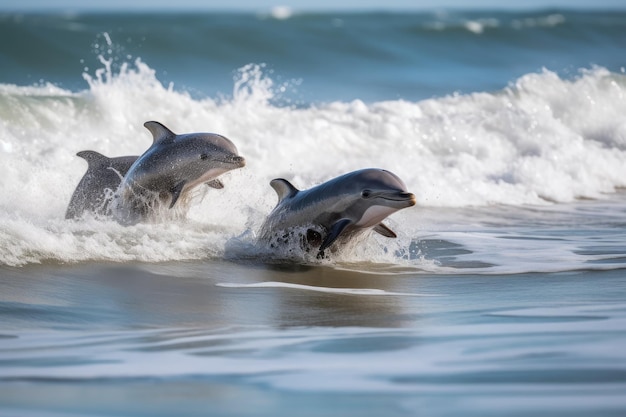 Grupo de bebês golfinhos brincando e pulando nas ondas criadas com IA generativa