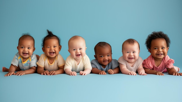 Grupo de bebês multiétnicos rastejando isolados em fundo branco