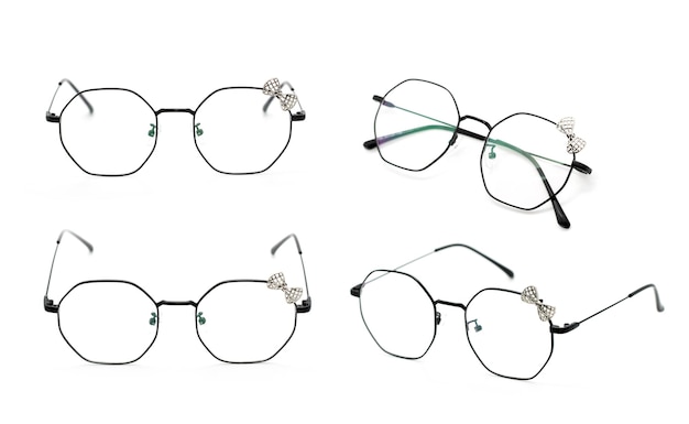 Grupo de belas armações de óculos isoladas em fundo branco Moda de fantasia de óculos