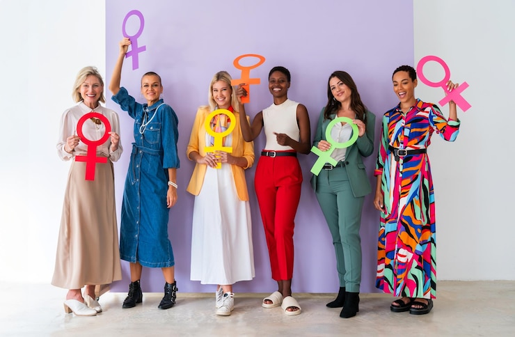 Foto grupo de belas mulheres confiantes segurando o símbolo da feminilidade de vênus