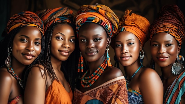 Grupo de belos africanos em roupas tradicionais posando na África Generative AI