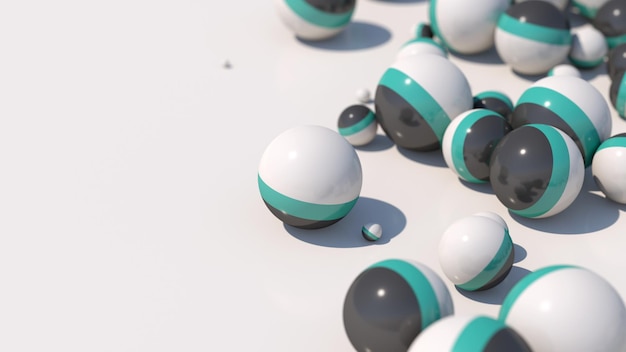 Grupo de bolas brancas, verdes e cinza. Ilustração abstrata, renderização 3d, close-up.