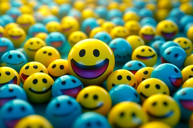 Grupo de bolas de rosto sorridente com diferentes cores e tamanhos de bolas em segundo plano Generative AI