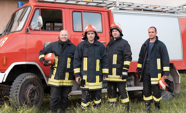 Grupo de bombeiros em pé confiante após uma operação de resgate bem feita. Bombeiros prontos para o serviço de emergência. Foto de alta qualidade