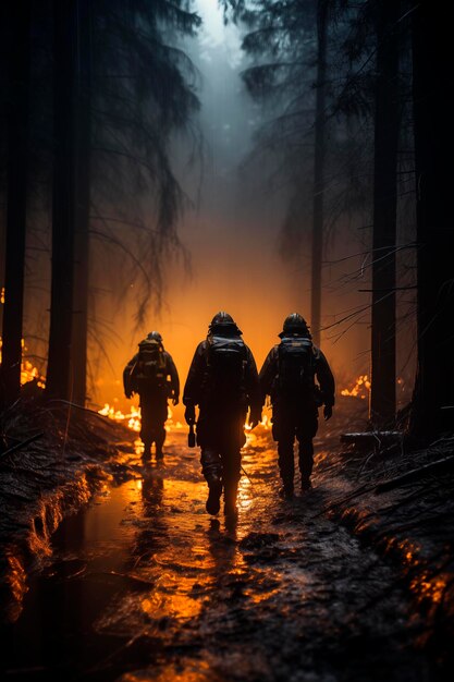 Grupo de bombeiros no meio de uma floresta em chamas