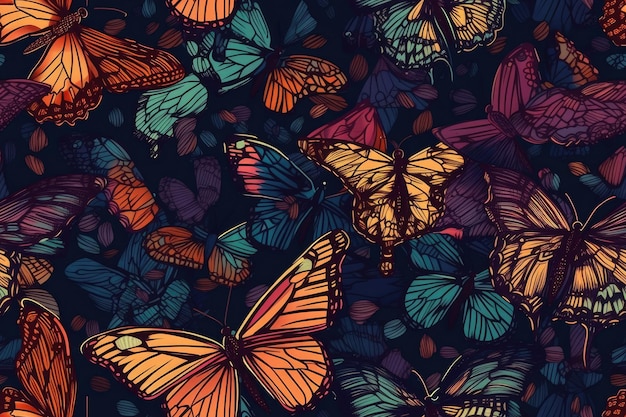 Grupo de borboletas vibrantes e coloridas em voo