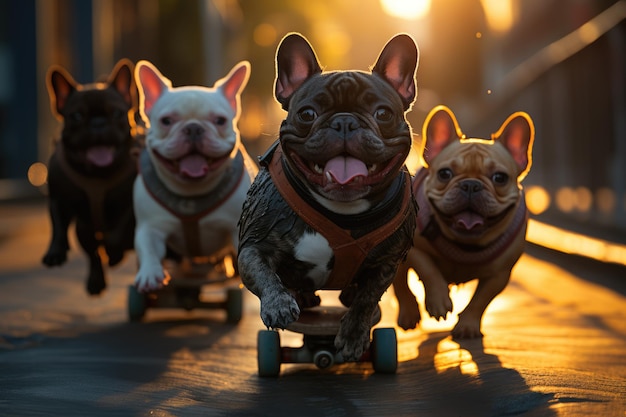 grupo de bulldog francês patinando ao longo de um movimentado calçadão gerado por ai