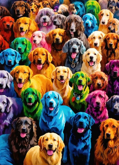 Foto grupo de cães com uma peruca colorida foco seletivo tonado ai generativo