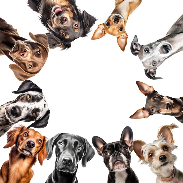 Foto grupo de cães de diferentes raças em crescimento isolado na visão do círculo de fundo branco generative ai