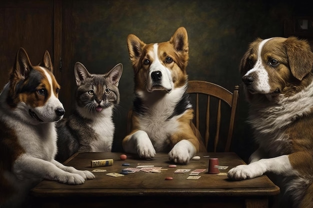 Grupo de cães e gatos sentados à mesa jogando cartas Generative AI