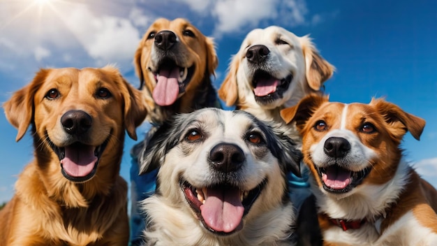 Foto grupo de cães felizes posam ao ar livre em um cenário natural de montanha