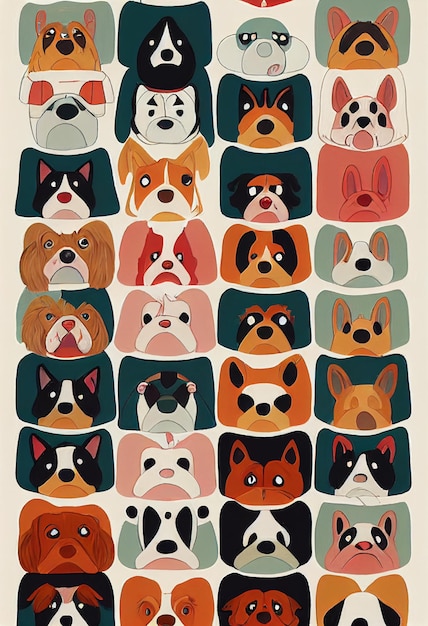 Grupo de cães fofos para papel de parede e desenhos gráficos ilustração 2D