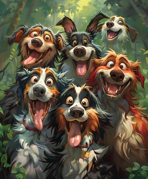 Grupo de cães sorridente posando para uma ilustração de pintura