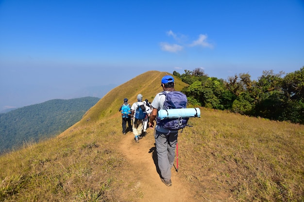 Grupo de caminhadas na montanha em dia de sol