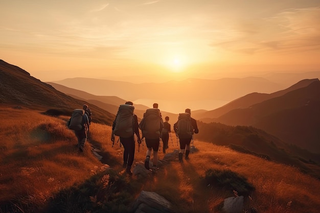 Grupo de caminhadas turísticas nas montanhas Viajantes com mochilas nas montanhas Atividades ao ar livre Criado com Generative AI