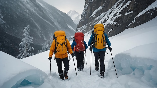 Grupo de caminhantes caminhando em montanhas nevadas Trekking no inverno