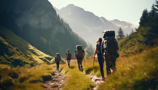 Grupo de caminhantes caminhando nas montanhas conceito de primavera