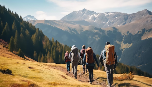 Grupo de caminhantes caminhando nas montanhas conceito de primavera