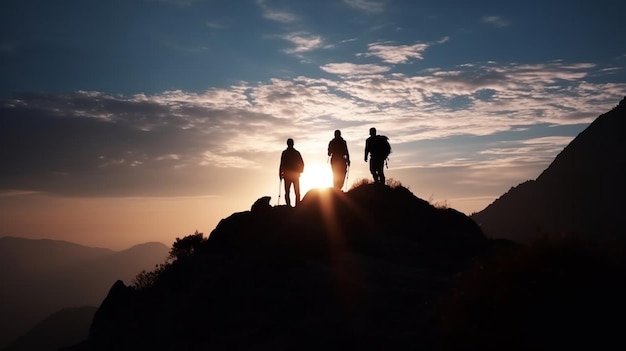 Grupo de caminhantes no topo de uma montanha Generative Ai