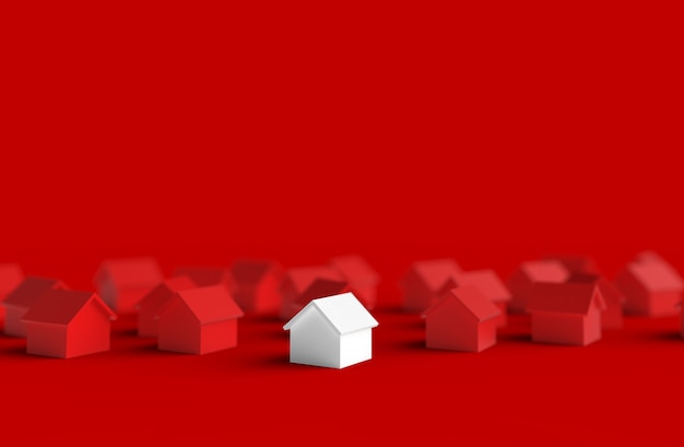 Grupo de casa turva isolado em fundo vermelho. ilustração 3d.