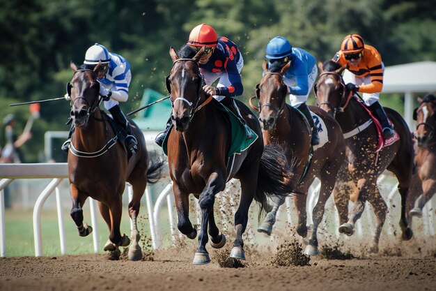 grupo de cavaleiros e cavalos correndo em Grand Prix visto da frente chutando um monte de poeira