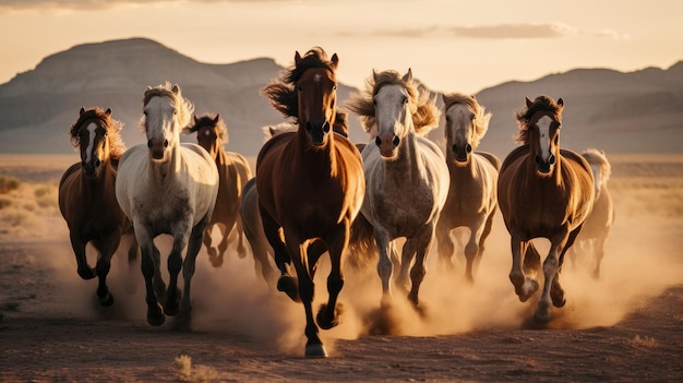 Grupo de cavalos correndo a galope no deserto Generative AI