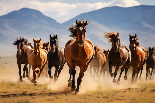 Grupo de cavalos correndo juntos no campo IA gerativa