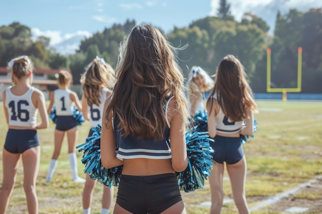 Foto grupo de cheerleaders em uniformes coloridos em pé no campo de futebol ai gerativa