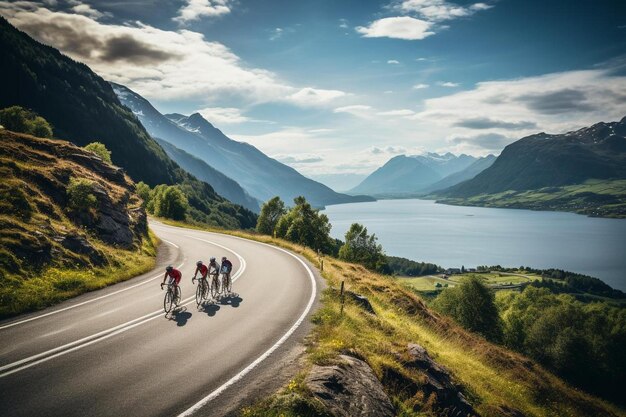 Grupo de ciclistas em uma estrada com montanhas ao fundo